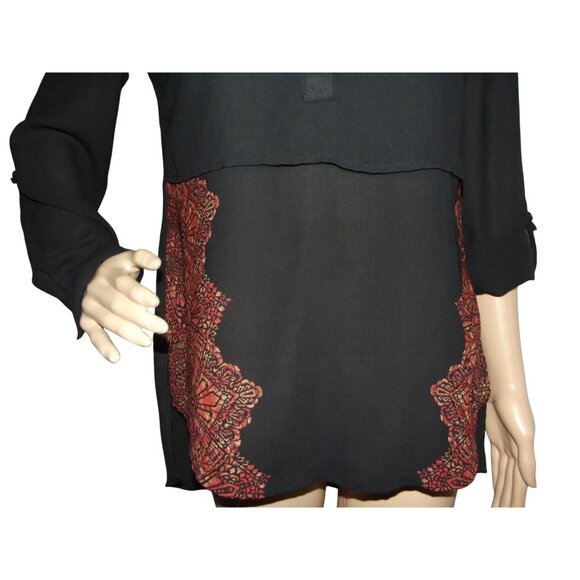 Cato Tunic Blouse Womens Small black burnt orange print semi sheer long sleeve - Picture 6 of 14